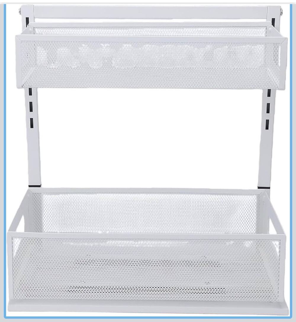 2 Tier Slide Out Cabinet Organizer White Under Sink Storage Drawer Rack ~17x10x6